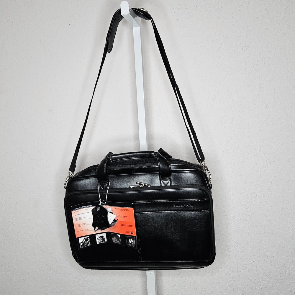Samsonite Leather Slim Briefcase Laptop Bag Black Business Travel Shoulder NWT